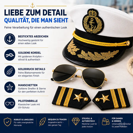 Kostüm Set Kapitän – mit Kapitänsmütze, Matrosenmütze, Seemannsmütze, Mütze Marine Matrose, Zigarre, Kette Anker – für Fasching Karneval Herren und Damen