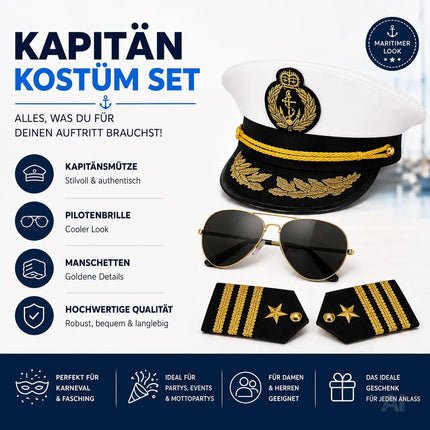 Kostüm Set Kapitän – mit Kapitänsmütze, Matrosenmütze, Seemannsmütze, Mütze Marine Matrose, Zigarre, Kette Anker – für Fasching Karneval Herren und Damen