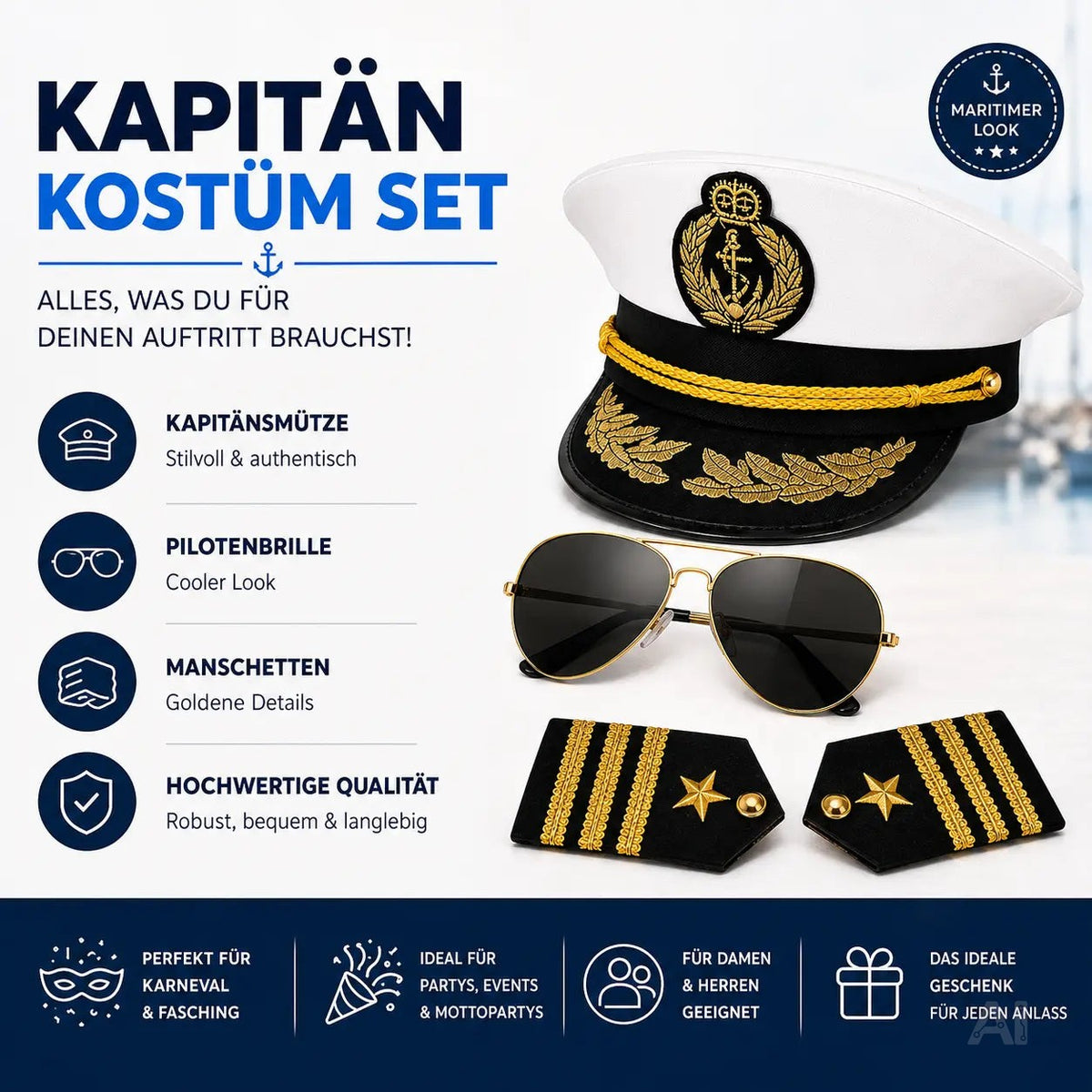 Kostüm Set Kapitän – mit Kapitänsmütze, Matrosenmütze, Seemannsmütze, Mütze Marine Matrose – Detailansicht 2
