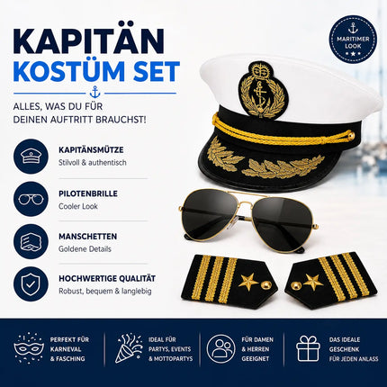 Kostüm Set Kapitän – mit Kapitänsmütze, Matrosenmütze, Seemannsmütze, Mütze Marine Matrose, Zigarre, Kette Anker – für Fasching Karneval Herren und Damen