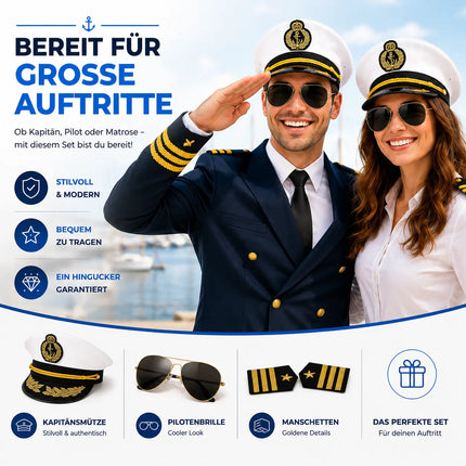 Kostüm Set Kapitän – mit Kapitänsmütze, Matrosenmütze, Seemannsmütze, Mütze Marine Matrose, Zigarre, Kette Anker – für Fasching Karneval Herren und Damen
