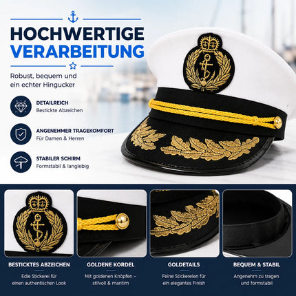Kostüm Set Kapitän – mit Kapitänsmütze, Matrosenmütze, Seemannsmütze, Mütze Marine Matrose, Zigarre, Kette Anker – für Fasching Karneval Herren und Damen