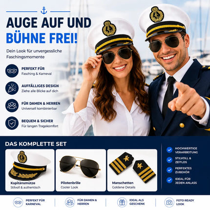 Kostüm Set Kapitän – mit Kapitänsmütze, Matrosenmütze, Seemannsmütze, Mütze Marine Matrose, Zigarre, Kette Anker – für Fasching Karneval Herren und Damen