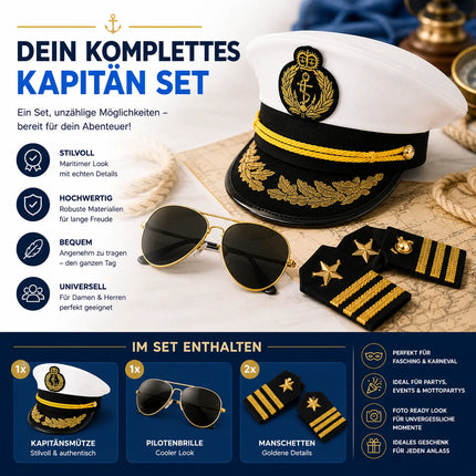 Kostüm Set Kapitän – mit Kapitänsmütze, Matrosenmütze, Seemannsmütze, Mütze Marine Matrose, Zigarre, Kette Anker – für Fasching Karneval Herren und Damen