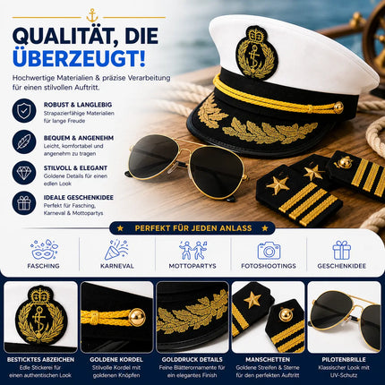Kostüm Set Kapitän – mit Kapitänsmütze, Matrosenmütze, Seemannsmütze, Mütze Marine Matrose, Zigarre, Kette Anker – für Fasching Karneval Herren und Damen