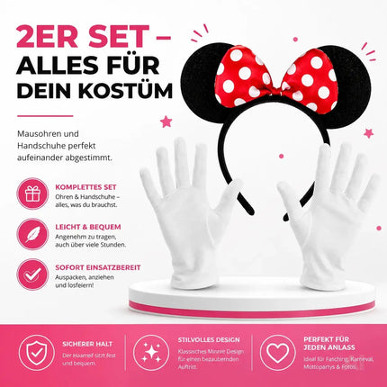 Kostüm Set mit Handschuhen und Mausohren – 2er Set Minnie Maus Ohren für Damen an Fasching & Karneval