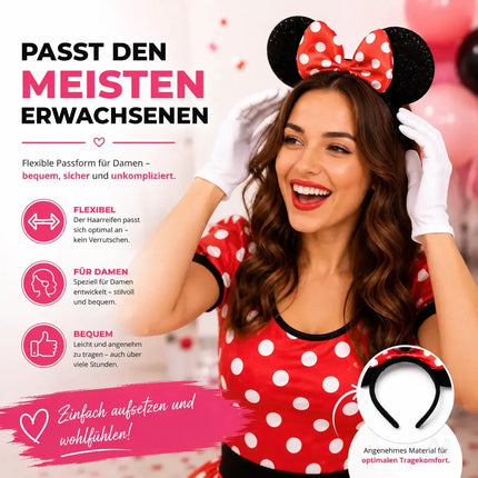 Kostüm Set mit Handschuhen und Mausohren – 2er Set Minnie Maus Ohren für Damen an Fasching & Karneval
