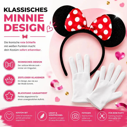Kostüm Set mit Handschuhen und Mausohren – 2er Set Minnie Maus Ohren für Damen an Fasching & Karneval