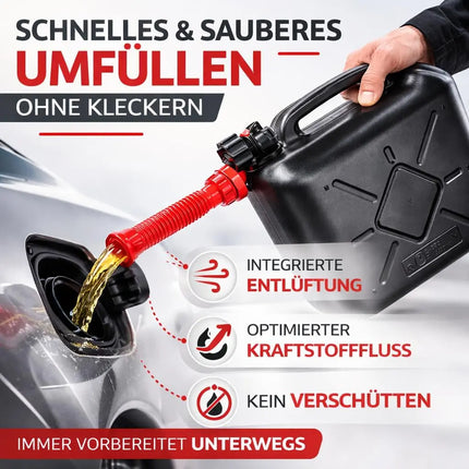 Kraftstoffkanister für Benzin & Diesel mit UN-Zulassung EU – stabiler Kanister für Auto, Werkstatt & Gefahrgut-Transport. Mit flexiblem Einfüllstutzen und Trichter für tropffreies Betanken