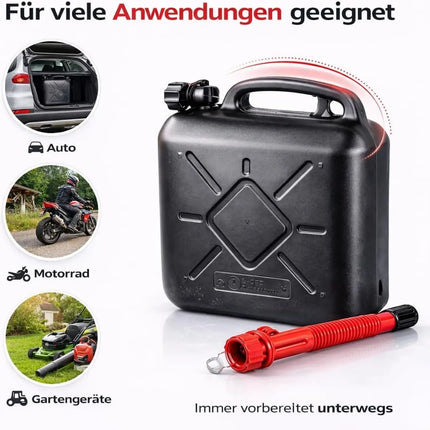 Kraftstoffkanister für Benzin & Diesel mit UN-Zulassung EU – stabiler Kanister für Auto, Werkstatt & Gefahrgut-Transport. Mit flexiblem Einfüllstutzen und Trichter für tropffreies Betanken