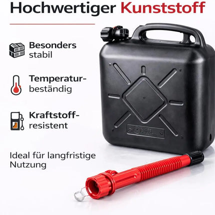 Kraftstoffkanister für Benzin & Diesel mit UN-Zulassung EU – stabiler Kanister für Auto, Werkstatt & Gefahrgut-Transport. Mit flexiblem Einfüllstutzen und Trichter für tropffreies Betanken