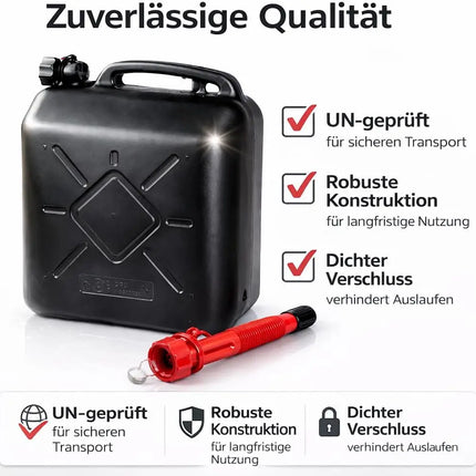 Kraftstoffkanister für Benzin & Diesel mit UN-Zulassung EU – stabiler Kanister für Auto, Werkstatt & Gefahrgut-Transport. Mit flexiblem Einfüllstutzen und Trichter für tropffreies Betanken