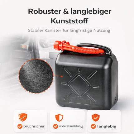 Kraftstoffkanister für Benzin & Diesel mit UN-Zulassung EU – stabiler Kanister für Auto, Werkstatt & Transport von Gefahrgut. Inklusive Einfüllstutzen für tropffreies Betanken