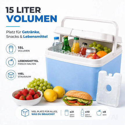 Kühlbox 15 Liter mit Kühlakku & Kühlelement – Mobile Kühltasche für Picknick, Strand & Camping (Blau)