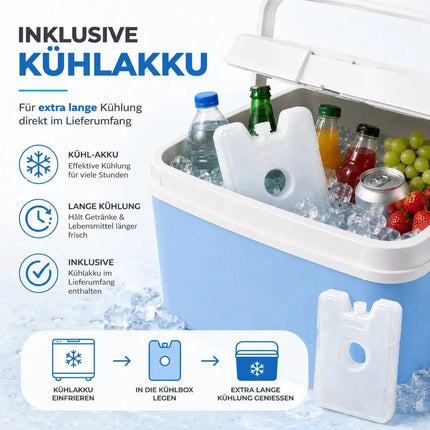 Kühlbox 15 Liter mit Kühlakku & Kühlelement – Mobile Kühltasche für Picknick, Strand & Camping (Blau)