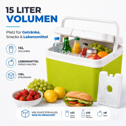 Kühlbox 15 Liter mit Kühlakku & Kühlelement – Mobile Kühltasche für Picknick, Strand & Camping (Grün)