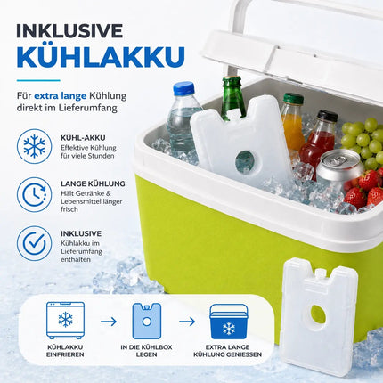 Kühlbox 15 Liter mit Kühlakku & Kühlelement – Mobile Kühltasche für Picknick, Strand & Camping (Grün)