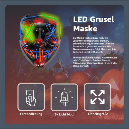 LED Grusel Maske - wie aus Purge steuerbar, Gesicht leuchtend, für Halloween, Fasching & Karneval als Kostüm für Herren & Damen (Farbauswahl) (1x blau/grün/rot)