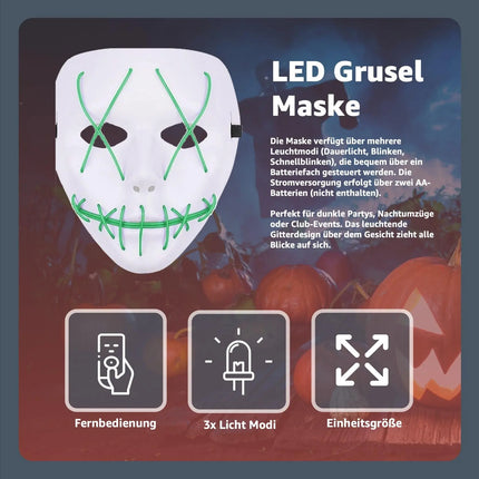 LED Grusel Maske - wie aus Purge steuerbar, Gesicht leuchtend, für Halloween, Fasching & Karneval als Kostüm für Herren & Damen (Jason-LED-grün)