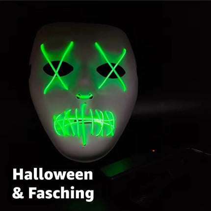 LED Grusel Maske - wie aus Purge steuerbar, Gesicht leuchtend, für Halloween, Fasching & Karneval als Kostüm für Herren & Damen (Jason-LED-grün)