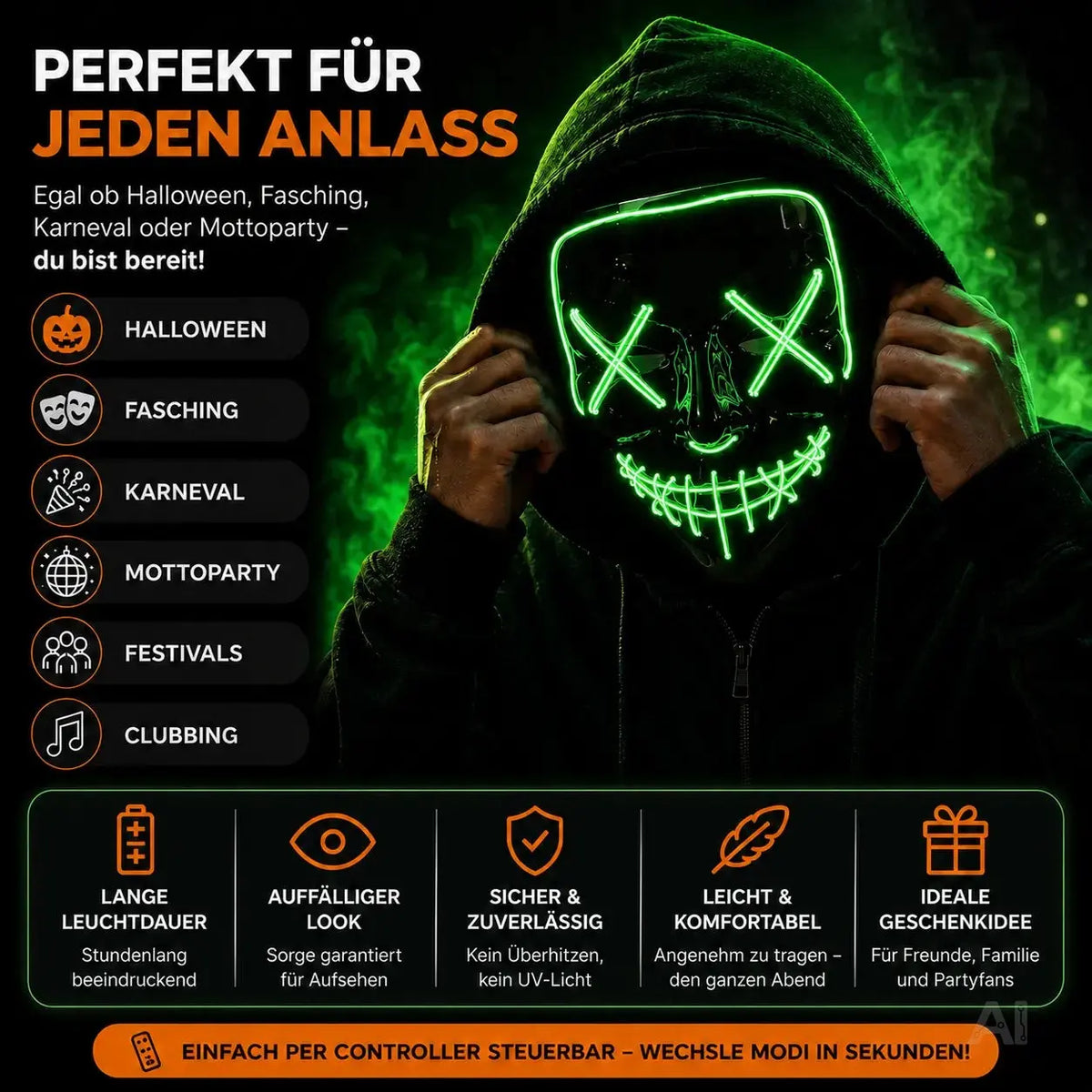 LED Grusel Maske - wie aus Purge steuerbar, Gesicht leuchtend, für Halloween, Fasching – Detailansicht 2