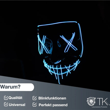 LED Grusel blau Maske - wie aus Purge steuerbar, Gesicht leuchtend, für Halloween, Fasching & Karneval