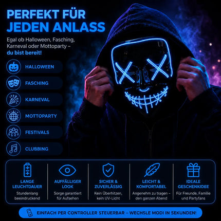 LED Grusel blau Maske - wie aus Purge steuerbar, Gesicht leuchtend, für Halloween, Fasching & Karneval