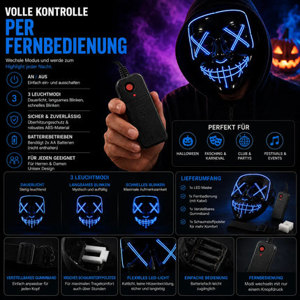 LED Grusel blau Maske - wie aus Purge steuerbar, Gesicht leuchtend, für Halloween, Fasching & Karneval