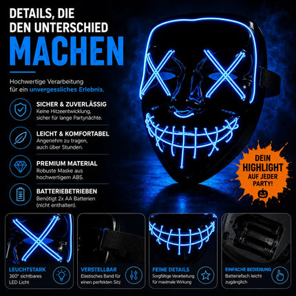 LED Grusel blau Maske - wie aus Purge steuerbar, Gesicht leuchtend, für Halloween, Fasching & Karneval