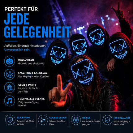 LED Grusel blau Maske - wie aus Purge steuerbar, Gesicht leuchtend, für Halloween, Fasching & Karneval