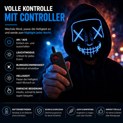 LED Grusel blau Maske - wie aus Purge steuerbar, Gesicht leuchtend, für Halloween, Fasching & Karneval