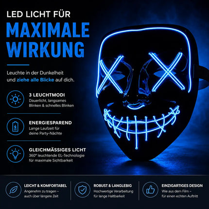 LED Grusel blau Maske - wie aus Purge steuerbar, Gesicht leuchtend, für Halloween, Fasching & Karneval