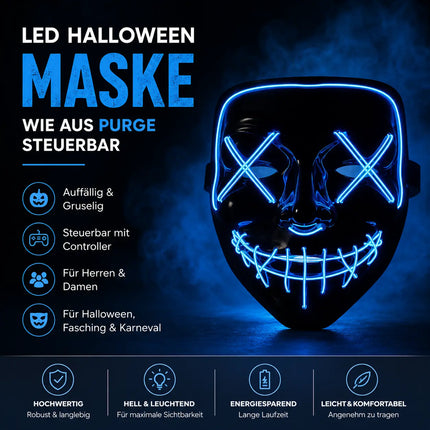 LED Grusel blau Maske - wie aus Purge steuerbar, Gesicht leuchtend, für Halloween, Fasching & Karneval