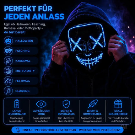LED Grusel blau Maske - wie aus Purge steuerbar, Gesicht leuchtend, für Halloween, Fasching & Karneval