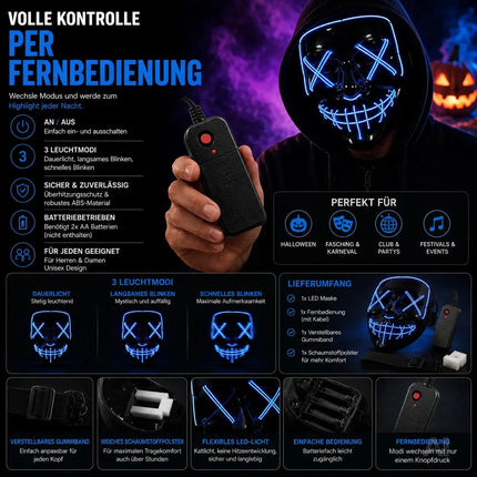 LED Grusel blau Maske - wie aus Purge steuerbar, Gesicht leuchtend, für Halloween, Fasching & Karneval