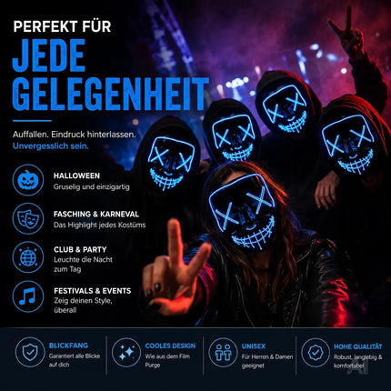 LED Grusel blau Maske - wie aus Purge steuerbar, Gesicht leuchtend, für Halloween, Fasching & Karneval
