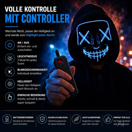 LED Grusel blau Maske - wie aus Purge steuerbar, Gesicht leuchtend, für Halloween, Fasching & Karneval