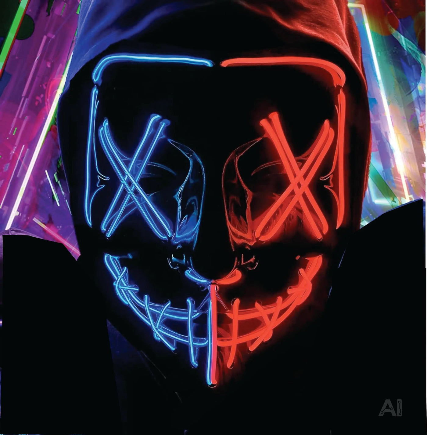 LED Grusel blau / rot MIX Maske - wie aus Purge steuerbar, Gesicht leuchtend, für Halloween, Fasching & Karneval