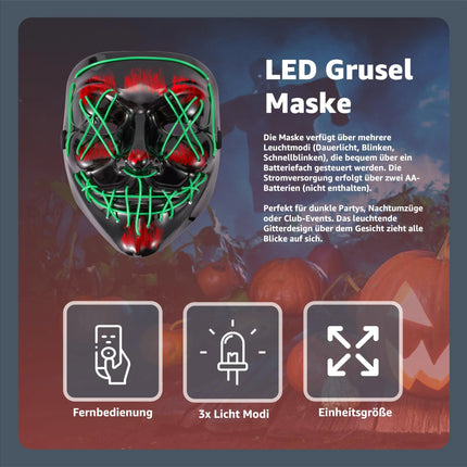 LED Grusel grün Maske - wie aus Purge steuerbar, Gesicht leuchtend, für Halloween, Fasching & Karneval - TK Gruppe® Offizieller Onlineshop