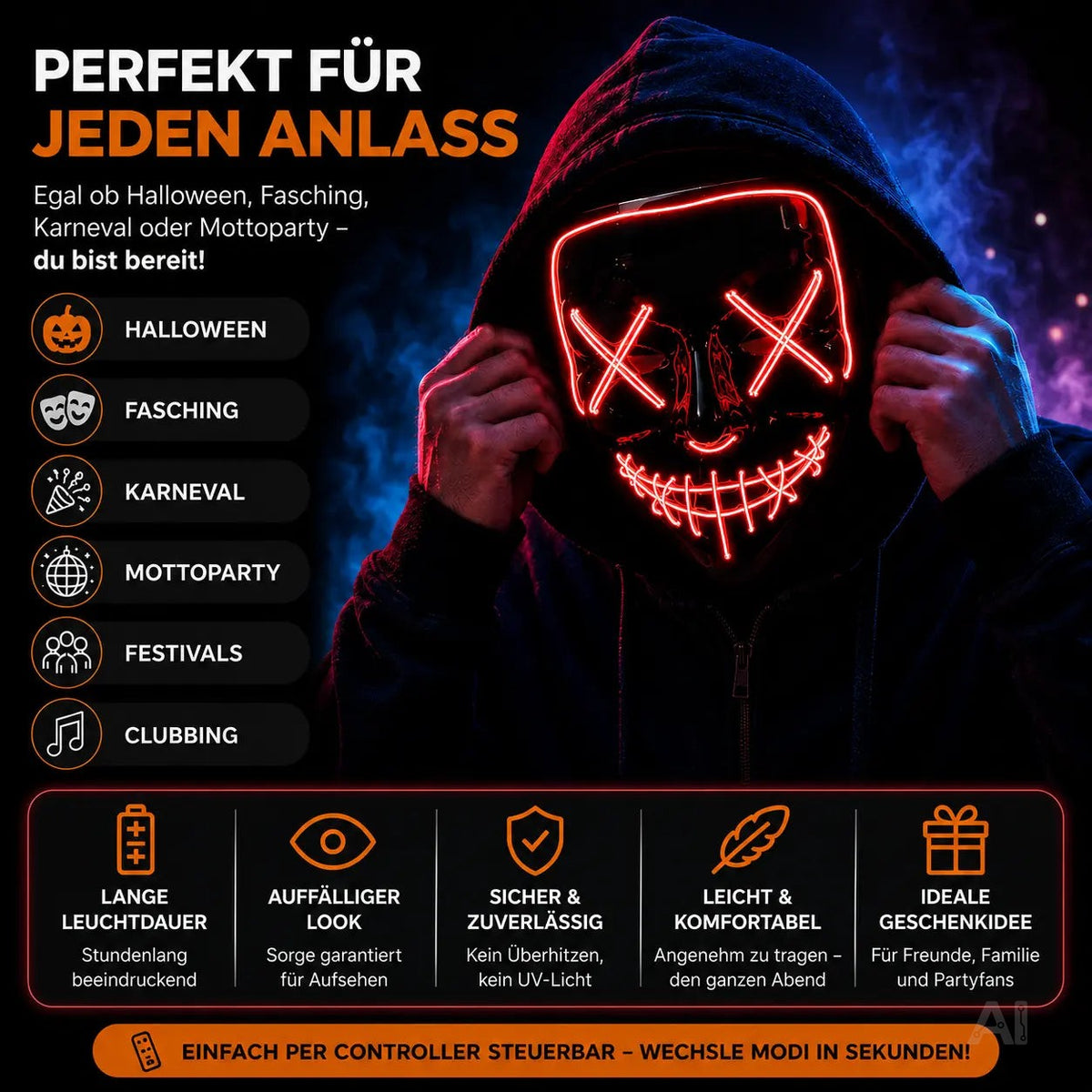 LED Grusel rot Maske - wie aus Purge steuerbar, Gesicht leuchtend Fasching & Karneval – Detailansicht 2
