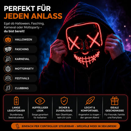 LED Grusel rot Maske - wie aus Purge steuerbar, Gesicht leuchtend Fasching & Karneval