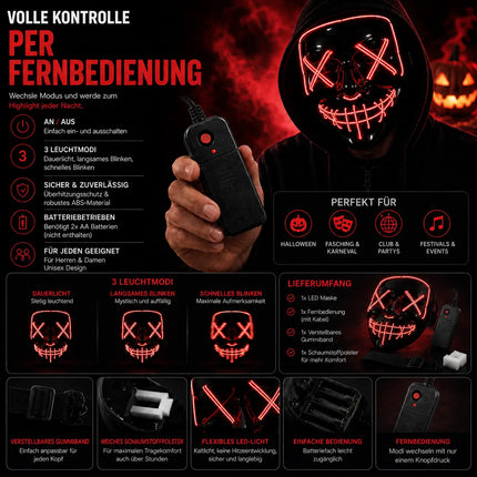 LED Grusel rot Maske - wie aus Purge steuerbar, Gesicht leuchtend Fasching & Karneval