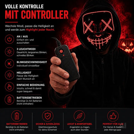 LED Grusel rot Maske - wie aus Purge steuerbar, Gesicht leuchtend Fasching & Karneval