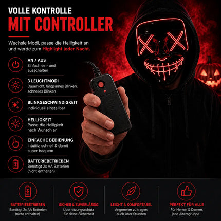 LED Grusel rot Maske - wie aus Purge steuerbar, Gesicht leuchtend Fasching & Karneval