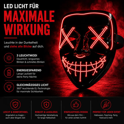 LED Grusel rot Maske - wie aus Purge steuerbar, Gesicht leuchtend Fasching & Karneval