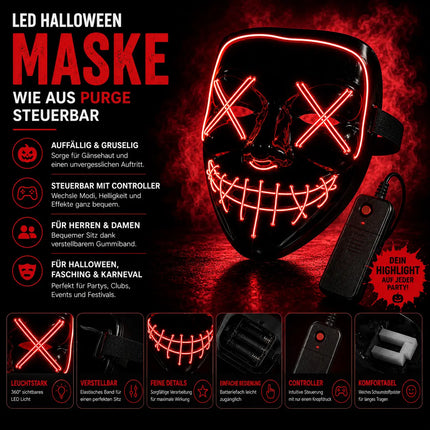 LED Grusel rot Maske - wie aus Purge steuerbar, Gesicht leuchtend Fasching & Karneval