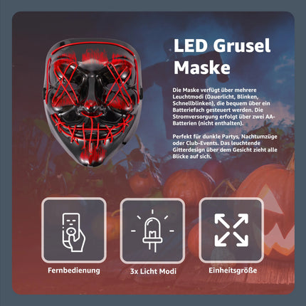 LED Grusel rot Maske - wie aus Purge steuerbar, Gesicht leuchtend, LED Maske für Halloween, Fasching & Karneval - TK Gruppe® Offizieller Onlineshop