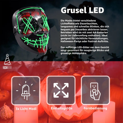 LED Purge Maske grün - Kostümmaske steuerbar für Halloween, Fasching & Karneval als Kostüm für Herren & Damen - TK Gruppe® Offizieller Onlineshop