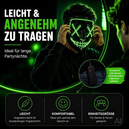 LED Purge Maske grün - Steuerbare Kostümmaske für Halloween, Fasching & Karneval