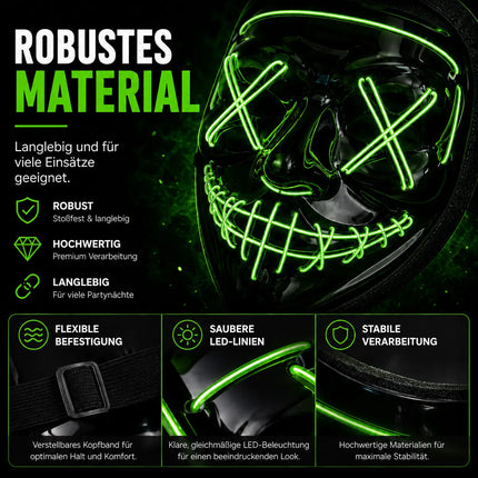 LED Purge Maske grün - Steuerbare Kostümmaske für Halloween, Fasching & Karneval